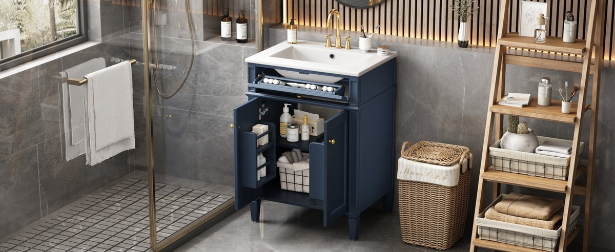 Modern Blue Bathroom Vanity with 2 Doors and Tip-Out Drawer, Ceramic Sink, Soft-Closing Hinges, Solid Wood Frame, 24'
