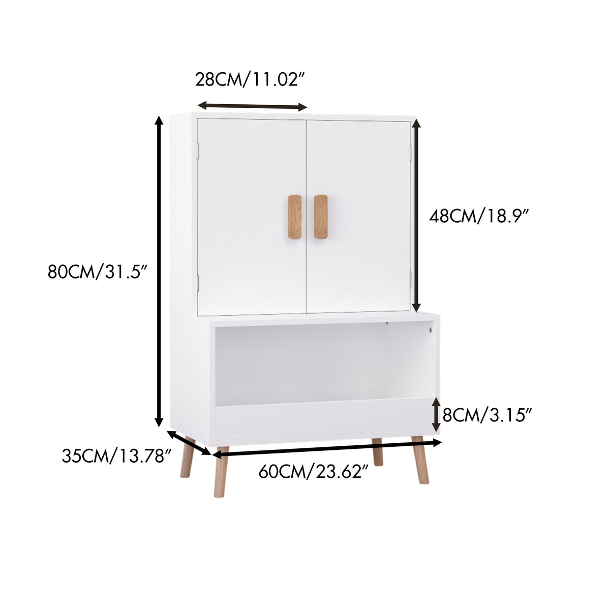 Kids Toy Storage Cabinet with Doors and Open Shelf, White Modern Wooden Organizer with Natural Wood Legs, Toddler Bookshelf