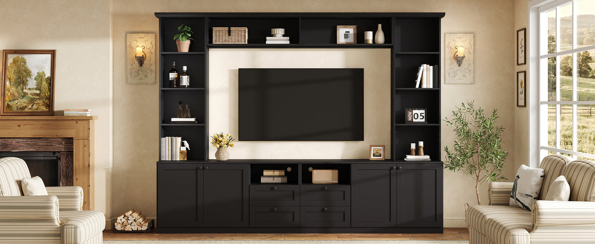 Farmhouse Elegant Entertainment Center Wall Unit with 4 Drawers, Modern Built in TV Stand with Bridge for TVs Up to 70", All-in-One Media Console with Adjustable Shelves for Living Room, Black