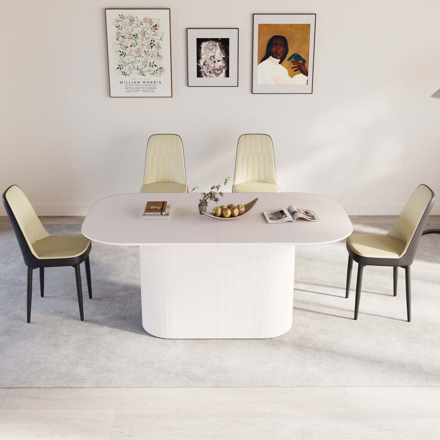 63 'medieval modern cream style MDF dining table and PU dining chair set 4. Assemble Desktop and black metal leg dining chair set, suitable for home&kitchen
