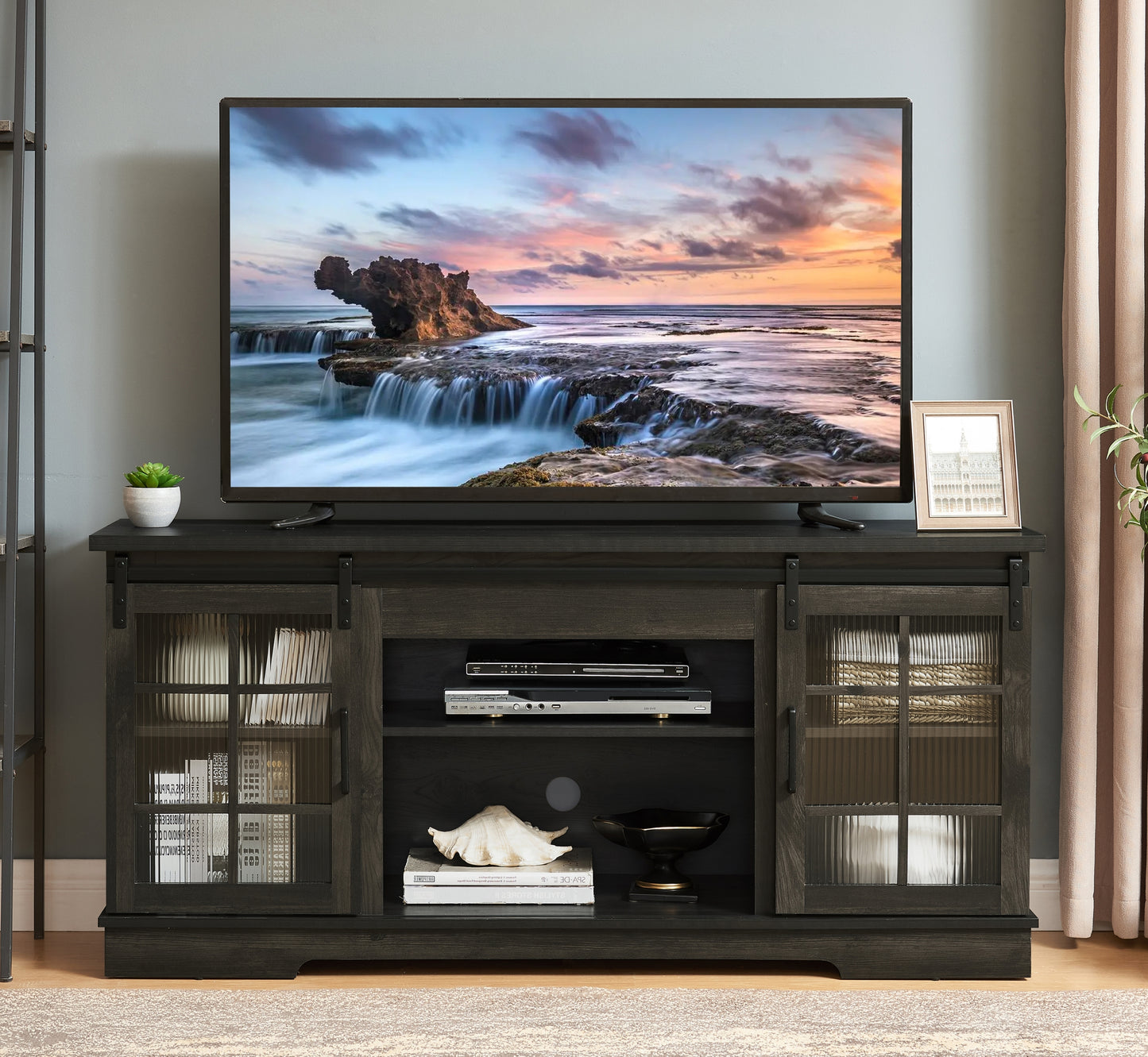 Multipurpose Sliding Door TV Stand Large Storage Cabinet with 2 Sliding Fluted Glass Tempered Doors, TV Up to 65'', TV Desk Storage Rack, Charcoal GREY, 59.13'W*15.94'D*27.8'H