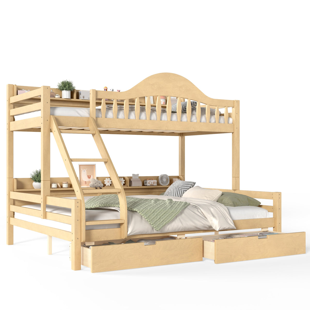 Twin XL Over Queen Bunk Bed with Storage Drawers, Chic Curved Guardrail & Side Storage Shelves, solid wood Bunk Bed Frame with Ladder, No Box Spring Needed. Natural