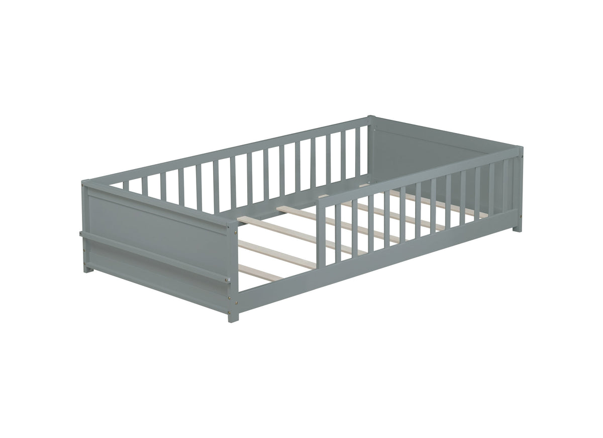 Twin size Floor Platform Bed with Built-in Book Rack, Grey