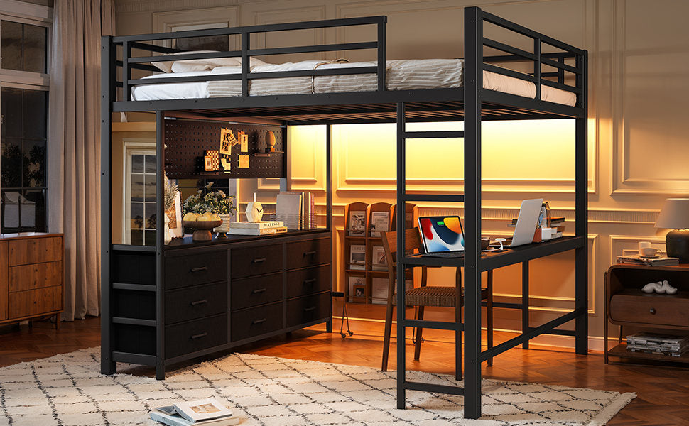 Queen Size Loft Bed with Desk, Loft Bed with Drawers, Loft Bed with Led Light and USB, Sturdy Loft bed Frame, Loft Bed with Mirror, Multi-Functional High Loft Bed for Teens Adults.Black