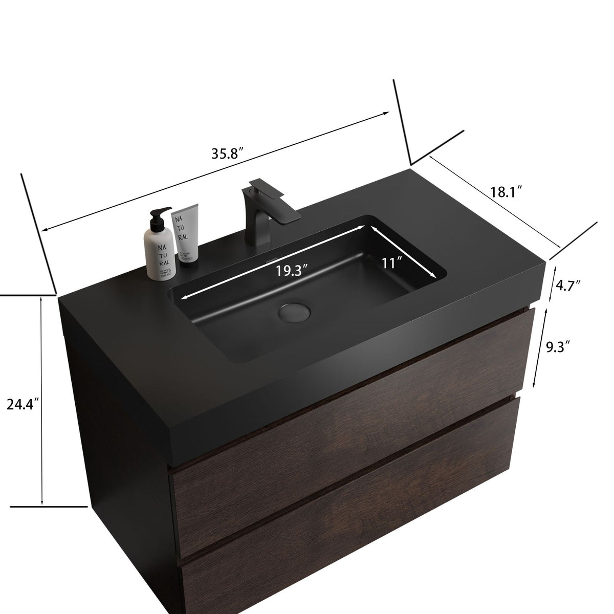 Alice 36" Walnut Bathroom Vanity with Black Sink Basin, Wall Mounted Floating Design, Pre-assembled
