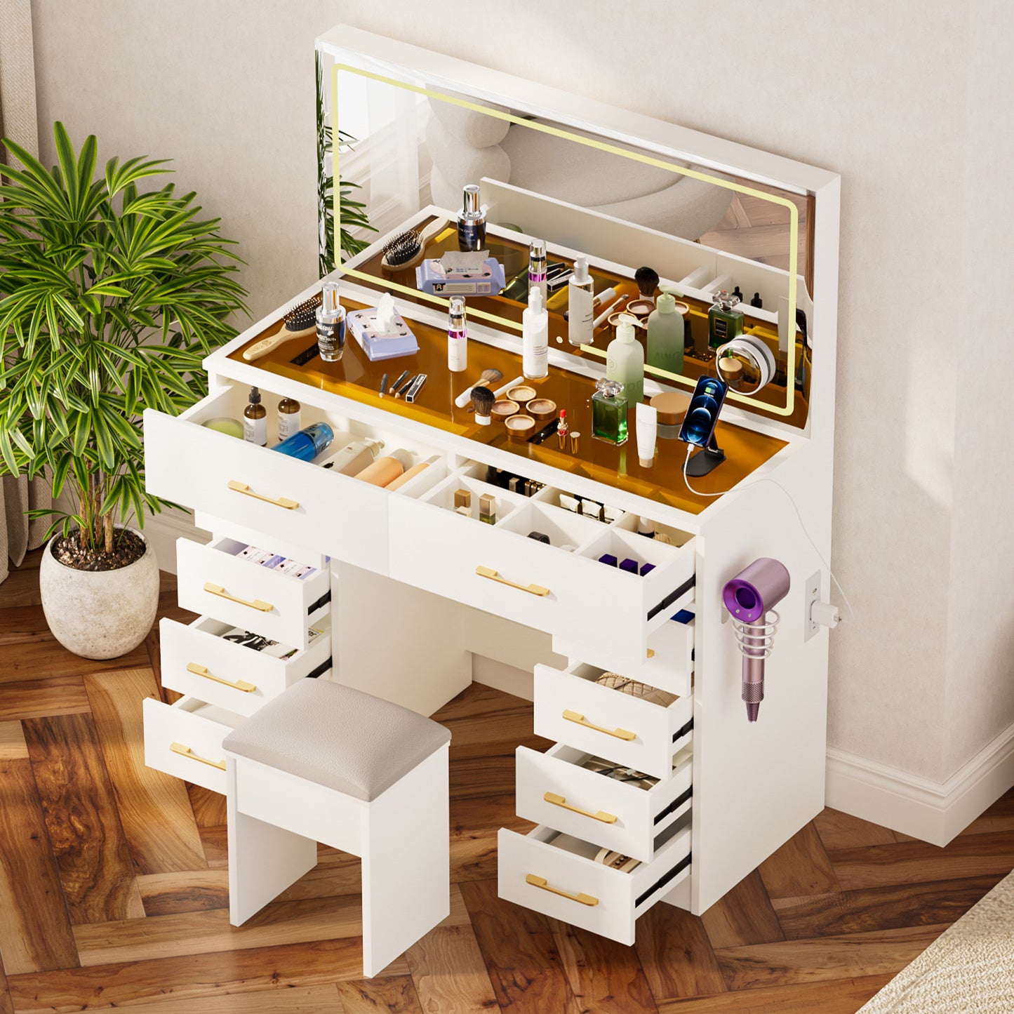 46'Glass Top Vanity Desk with 10 Drawers Makeup Vanity with Mirror and Stool,3 Lighting Modes Dressing Table,Power Outlet, Silent Slides, White Big Vanity for Bedroom