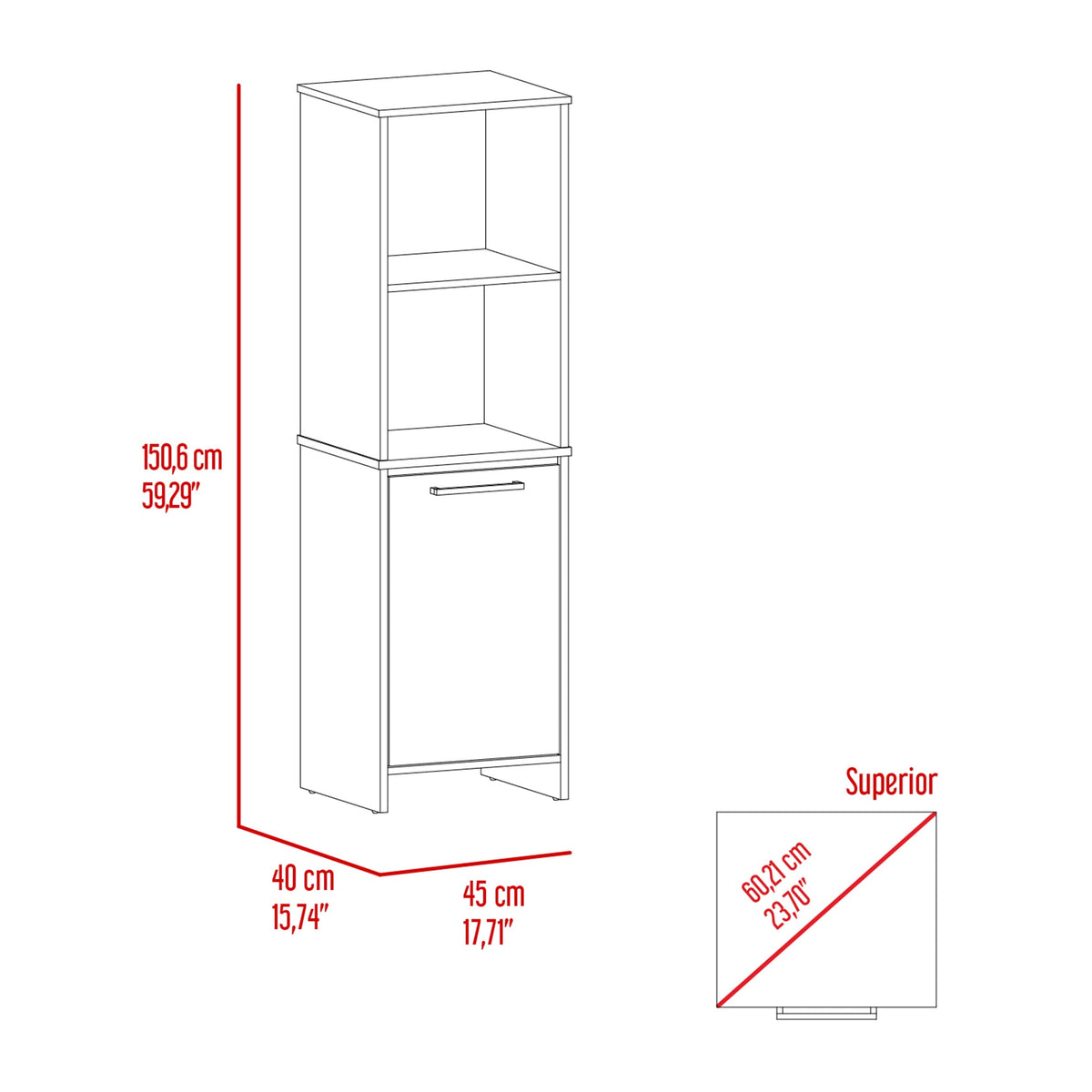 Kitchen Pantry 59" H, Two Open Storage Shelves, Single Door Cabinet, Two Interior Shelves, White