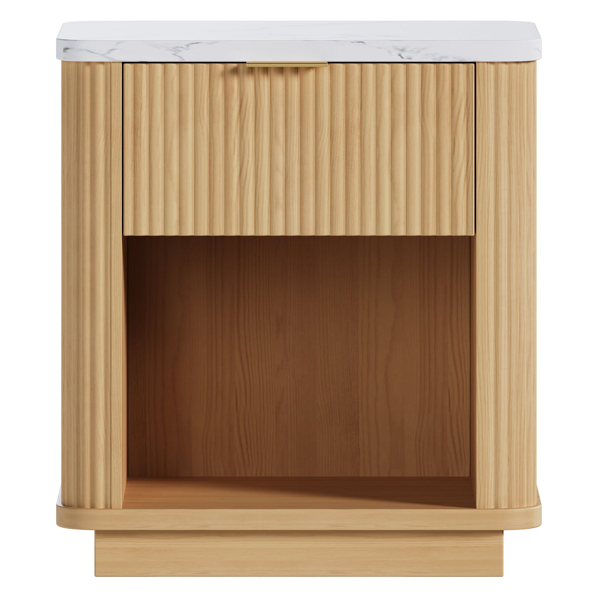Natural Wood Finish Fluted Nightstand with Storage Drawer and Open Shelf, Faux Marble-Look Top, Gold-Tone Handle, Modern Bedside Table and End Table for Bedroom, Guest Room, Dorm and Living Room