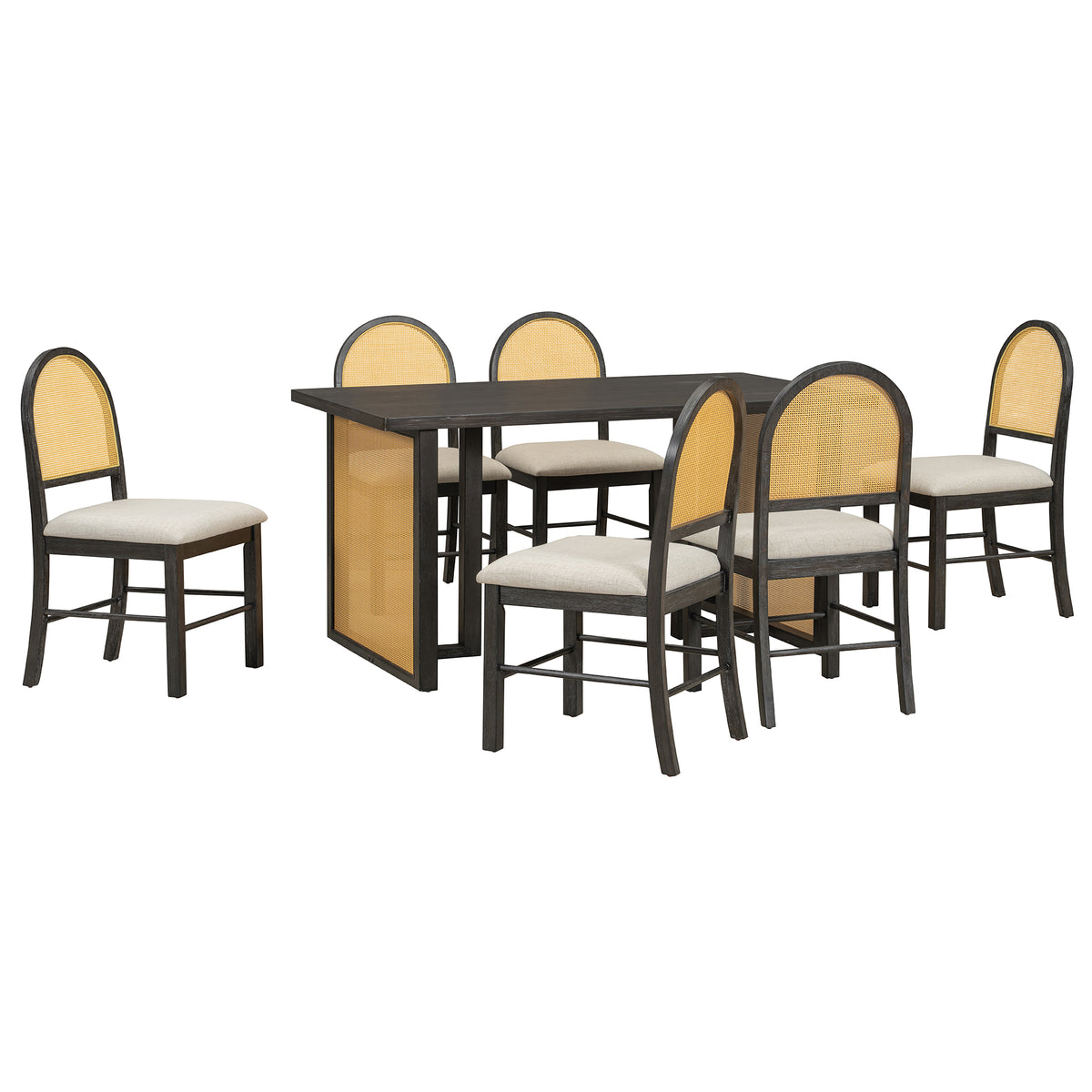 TREXM 7-Piece Farmhouse Dining Table Set for 6 - 59.8" Rectangular Dining Table with Distressed Oak Veneer and 6 Rattan Chairs