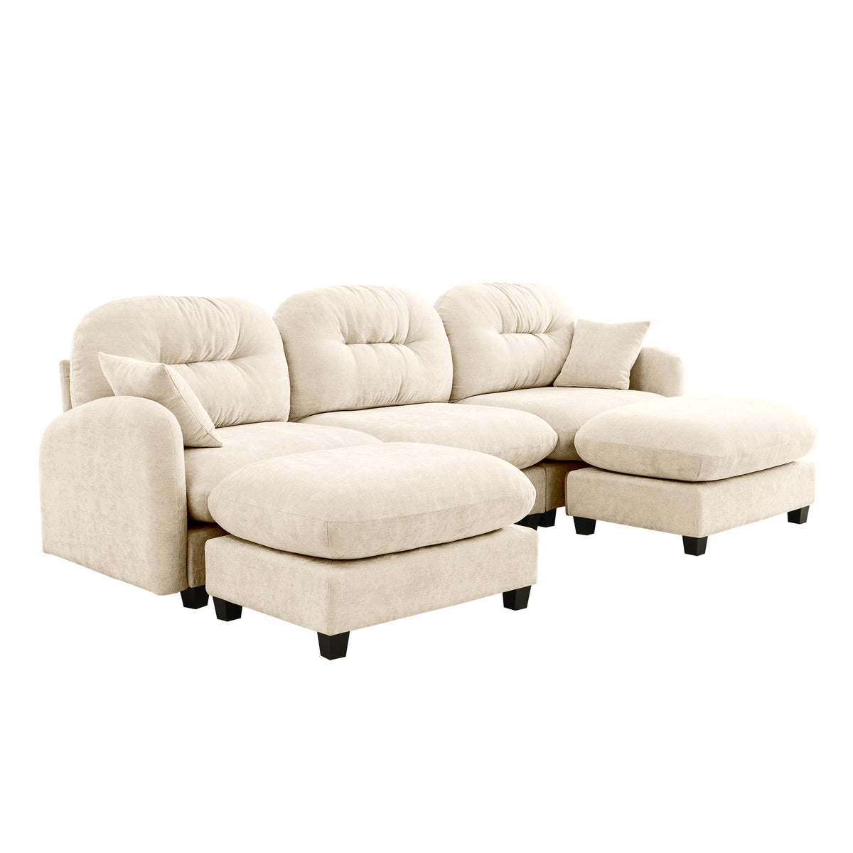 Modular Sectional U Shaped Couch With Ottoman, Premium Chenille Fabric, With 2 Throw Pillows, High-Density Foam Quilted Pleated Design – Beige
