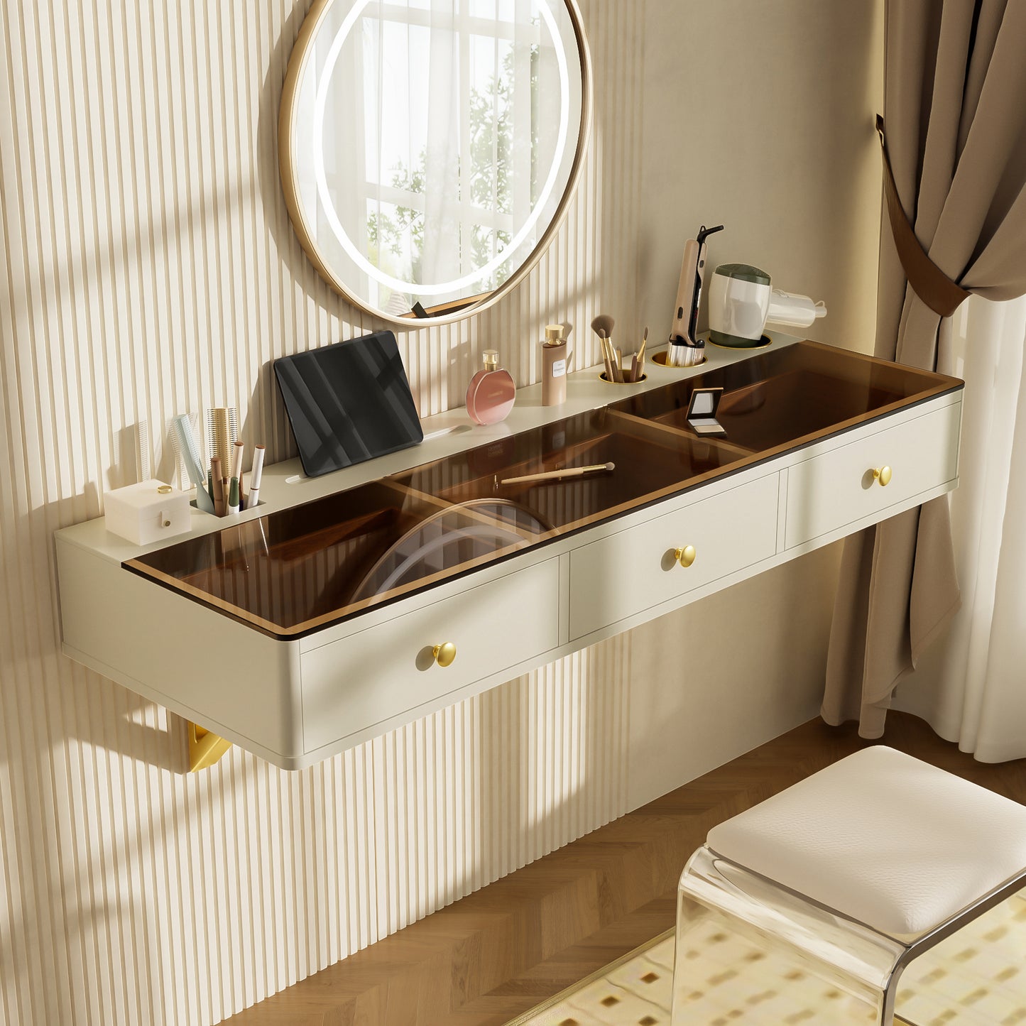 GO 47' Floating Shelf with Drawer, Multi-Purpose Wall-Mounted Vanity Table, Mounted Desk, Floating Table for Bedroom, Bathroom, Hairdressers, Beige and Golden