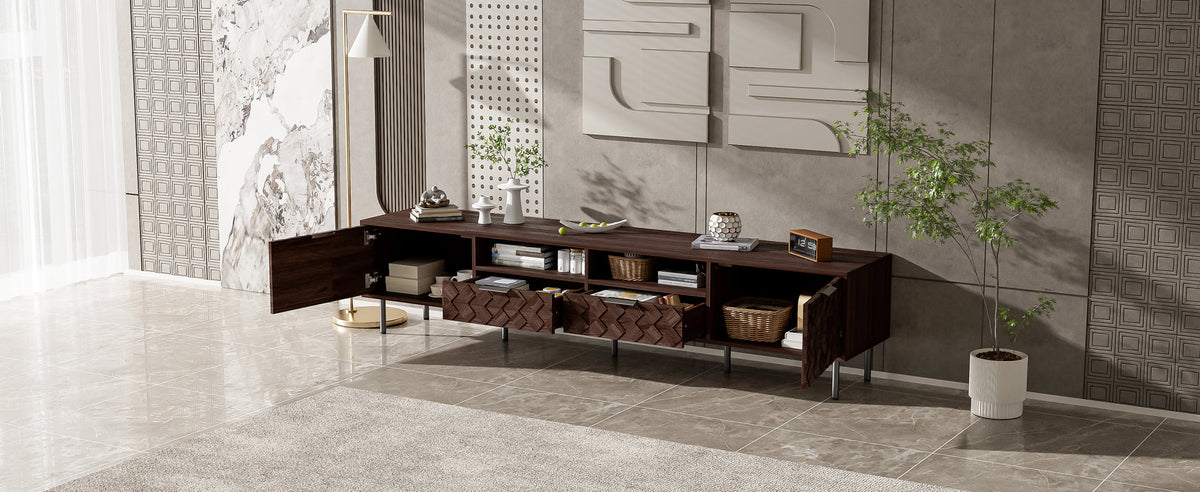 Modern 78 inch TV Stand for TVs up to 85 inches, Walnut Finish with Closed Storage, Soft-Closing Hinges, Iron Legs