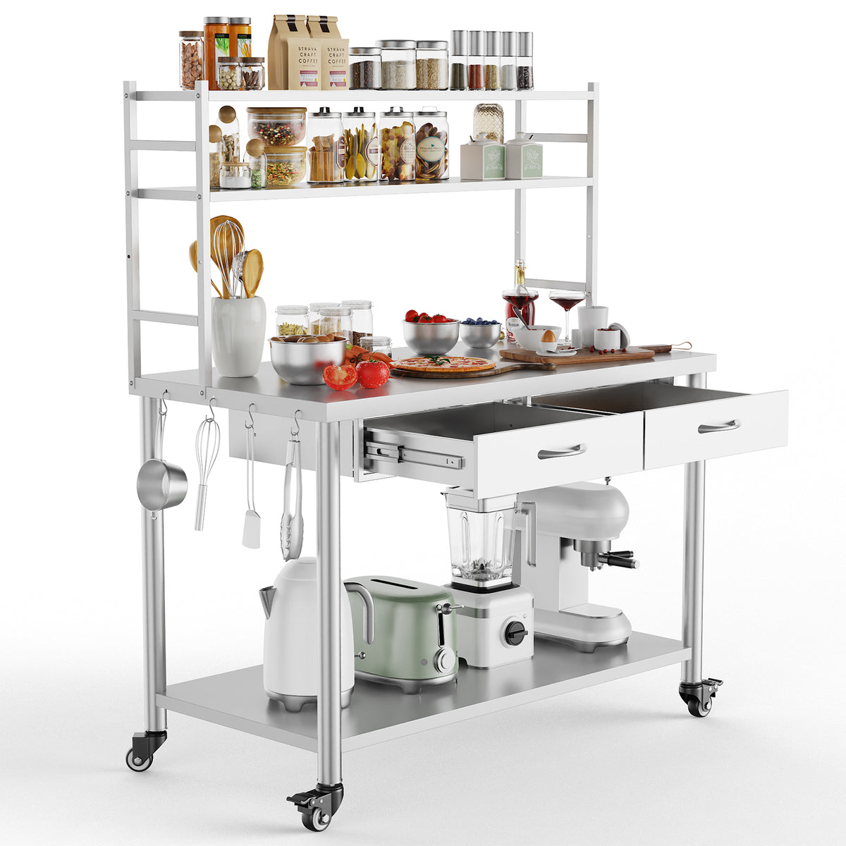 Stainless Steel Table with Shelves and Drawer, Stainless Steel Work Table with Overshelves, Adjustable Shelf and Hooks, Kitchen Prep Table for Commercial Kitchen, Restaurant and Garage