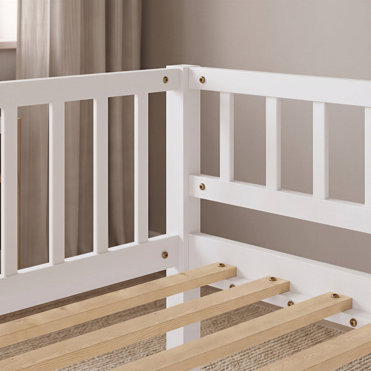 Full Size Daybed, 3-Sided Vertical Slat Guardrail Bed Frame, Breathable Wooden Slat Support Leisure Bed for Home Bedroom,White