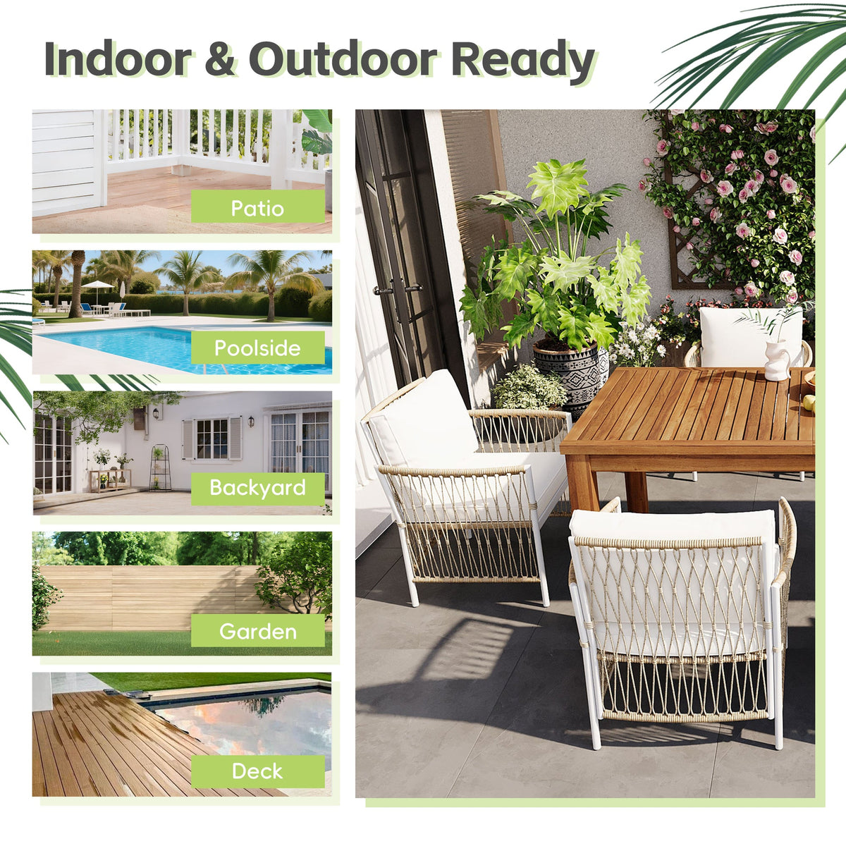 TOPMAX Patio 5pcs Wooden Dining Table Set, Outdoor 67''L Rectangular Table with 4 Rattan Arm Chairs for Poolside, Natural