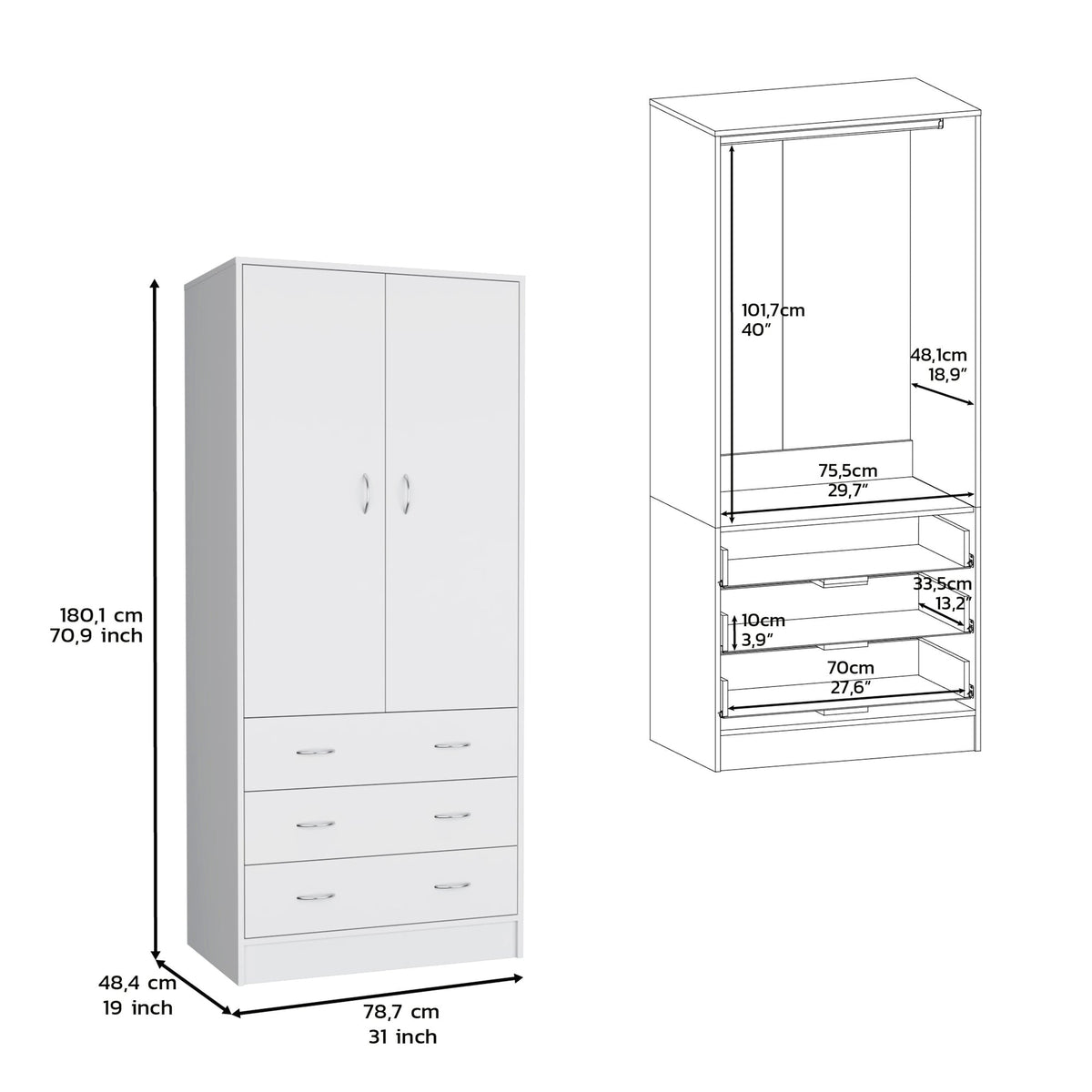 Armoire 71" H, with 2 doors, 3 drawers and 1 hanging rod, White