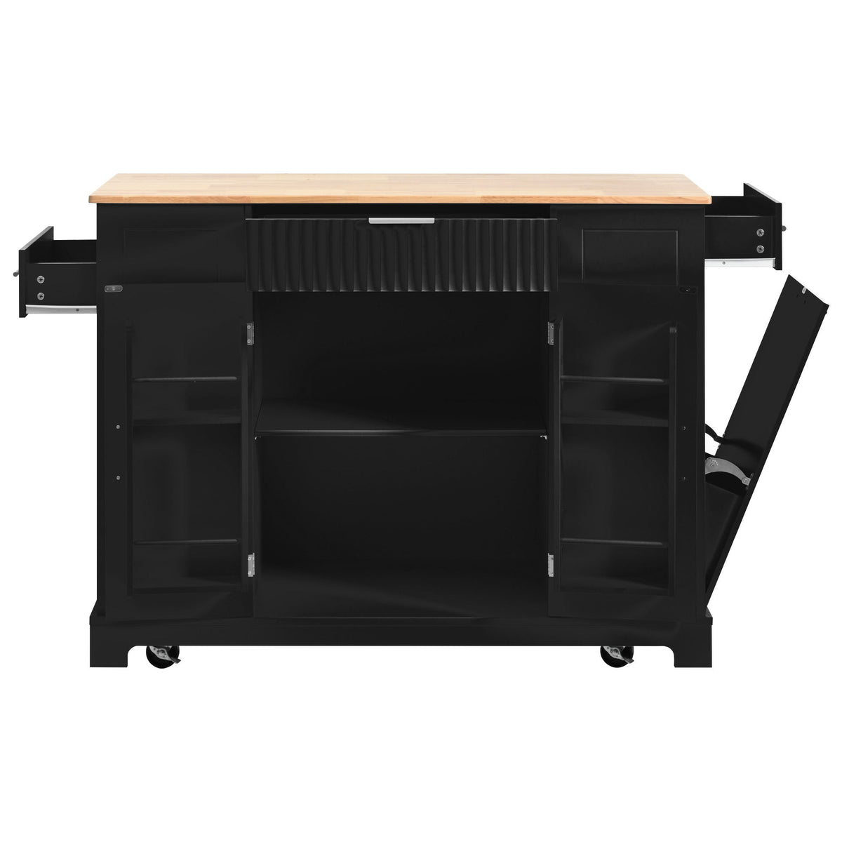 K&K Fluted Kitchen Island with Trash Can Storage Cabinet, Power Outlet, Internal Storage Rack – Black