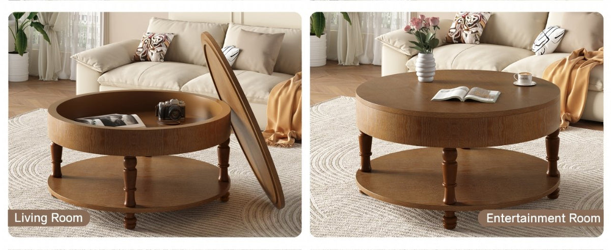 Coffee Table with Dual Storage, 31.5" Modern Round Coffee Table with Storage and Hidden Compartment, Adjustable Leveling Feet, Easy Assembly - Walnut