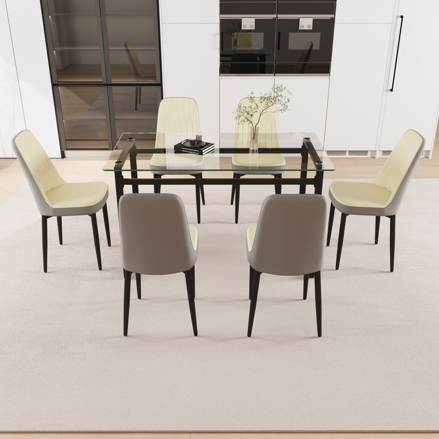 51' 6 person glass dining table set, kitchen set with black metal leg dining table and chairs, modern rectangular tempered glass tabletop and dining room thick cushioned PU dining chairs