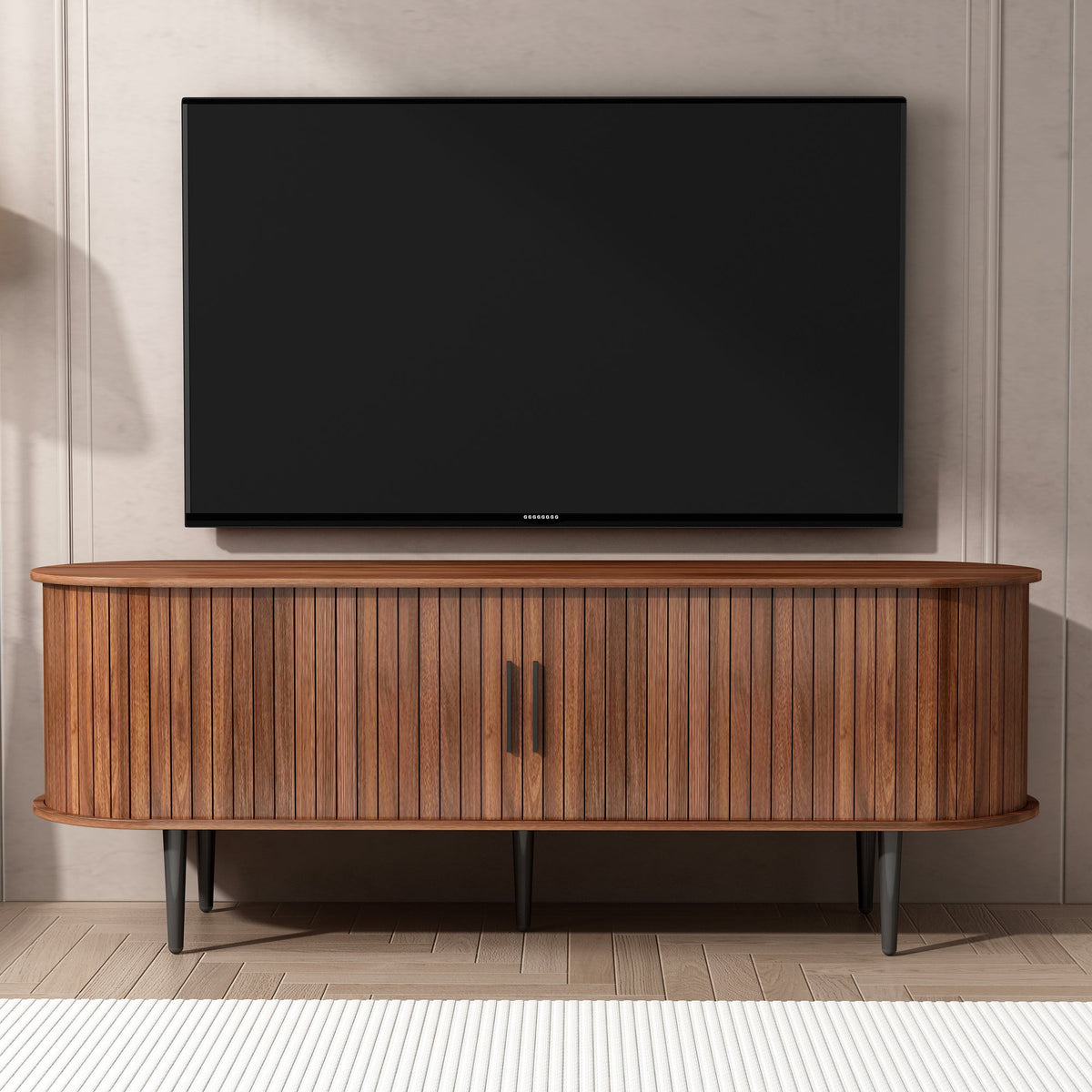 TV Stand, 55" Modern TV Console Table with Storage Compartment and Sliding Door, Gaming Entertainment Center with Cabinet - Walnut