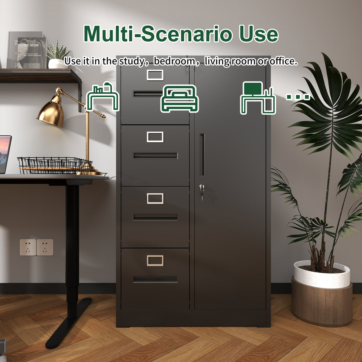 Metal Storage Vertical Filing Cabinet with Lock, Steel File Locker with 4 Drawers and 1 door for School, Living Room, Bedroom, Office (Black)