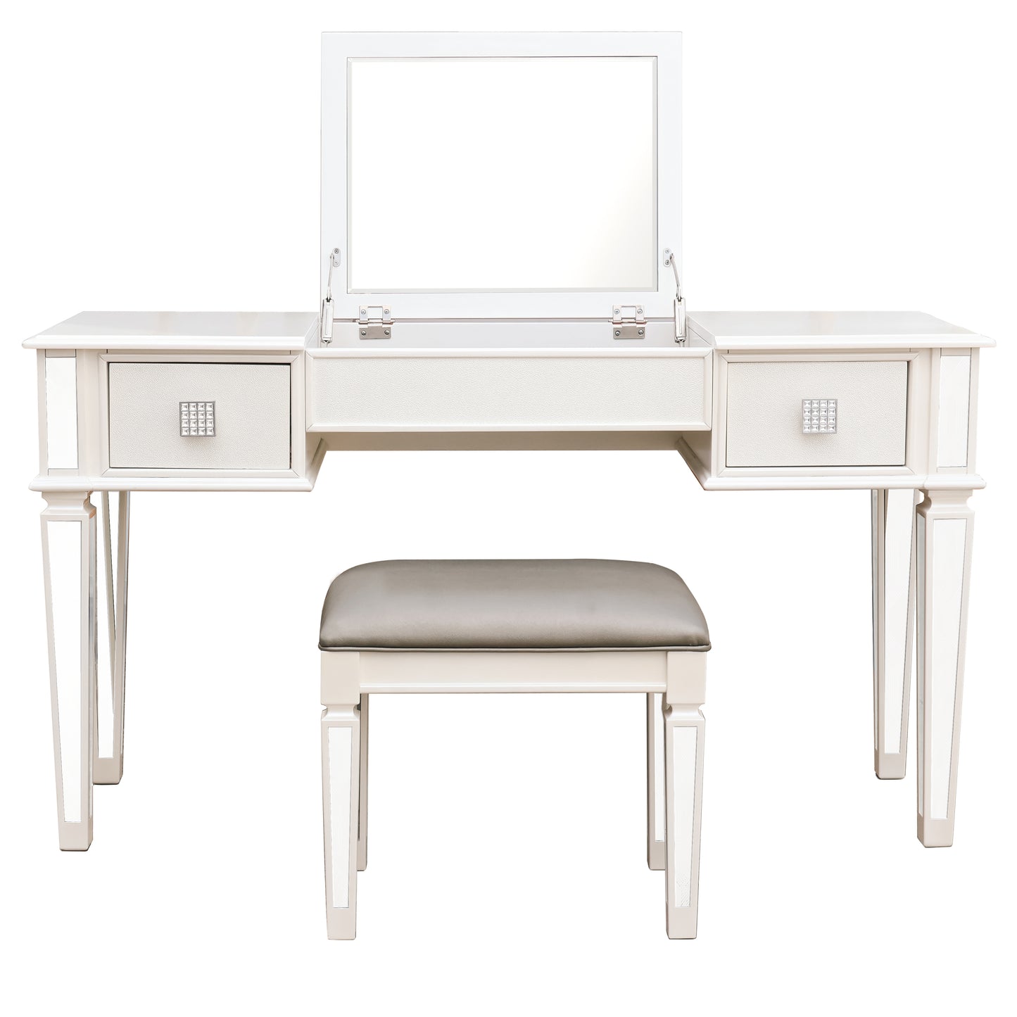 Elegant Mirrored Vanity Desk Set with Drawers and Flip-Up Mirror, Silver Finish, Glass and Wood, 54'' x 18'' x 30''