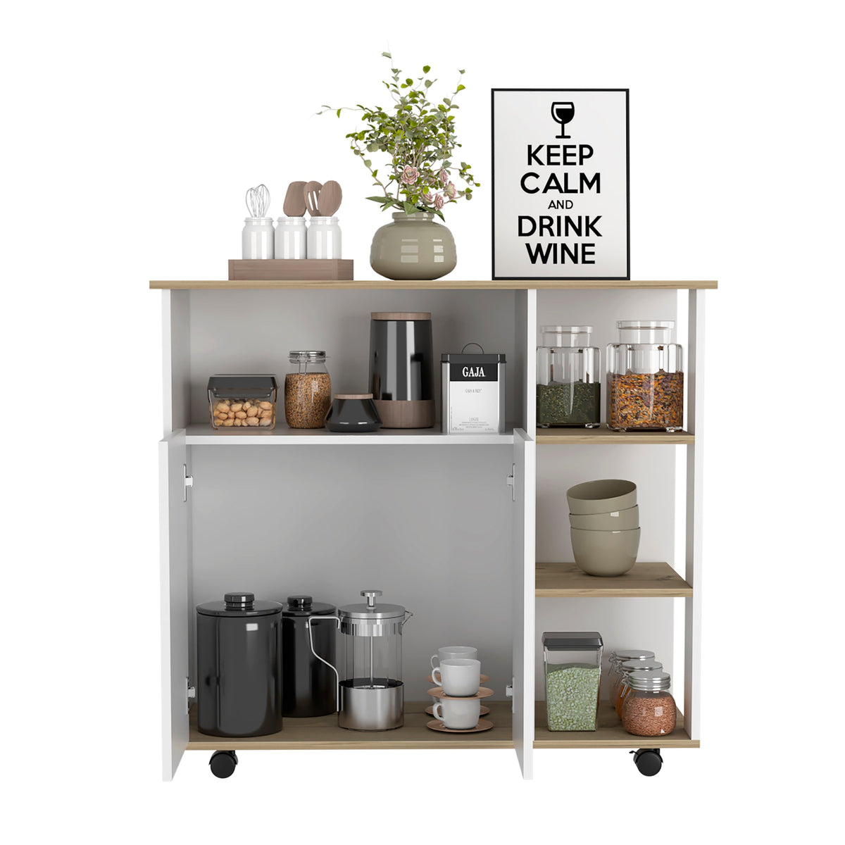 Kitchen Cart 35" H, Four Open Shelves, Double Door Cabinet, Four Casters - Light Oak/White