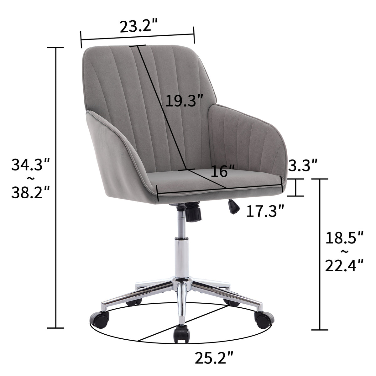 TY Adjustable Office Chair, Ergonomic Swivel Chair with Comfortable Backrest Seat, Gray Velvet, 24.60 x 22.84 x 38.00 inches