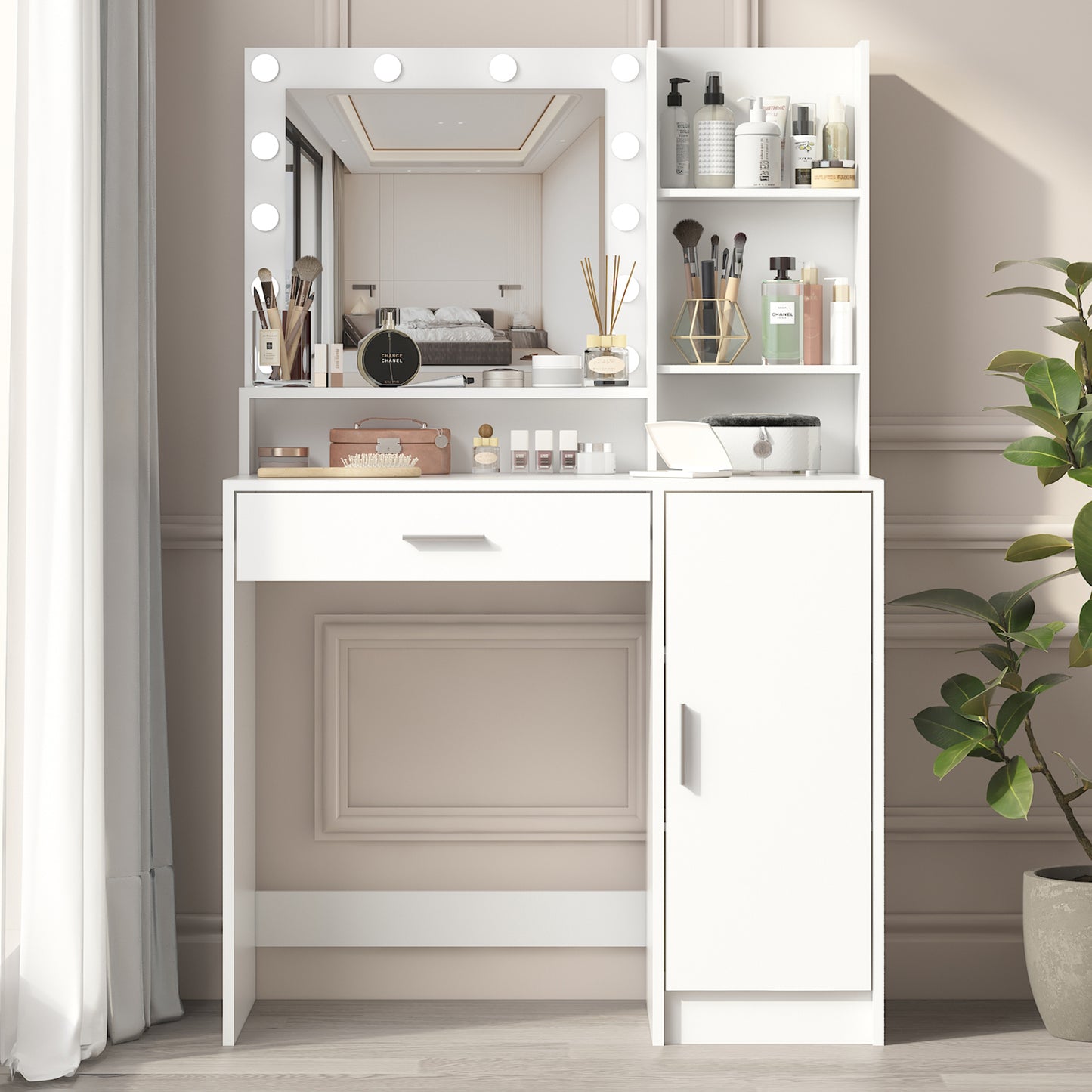 Vanity Desk with Mirror & Light, Large Drawer Three Level Storage Dresser, 3 Lighting Modes Adjustable Brightness, Bedroom Dressing Table(white)