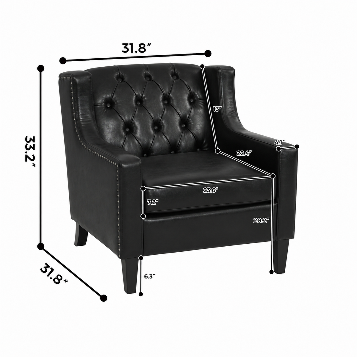 Black Faux PU Leather Accent Chair, Mid-Century Tufted Armchair with Nailhead Trim, Equipped with High Resilience Sponge Cushion & Solid Wood Legs, Comfortable Single Sofa for Living Room, Bedroom