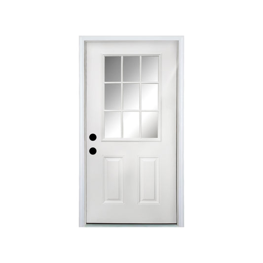 36 x 80 Fiberglass Entry Door with Brickmould, Vinyl Frame,9 Lite Low-E Glass - Primed Front Door for Home's Front Entrance, Right Hand Inswing, White Oak Wooden Grain Knock-Down Door