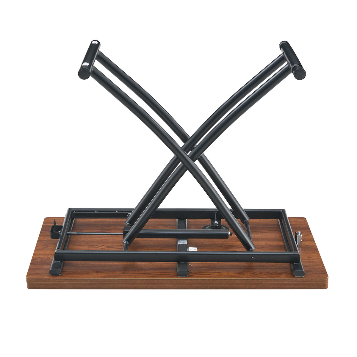 Modern minimalist multifunctional lift table with 0.8 inch thick MDF desktop and black metal legs, can be used as a dressing table, coffee table, dining table, and office table.Walnut textured desktop