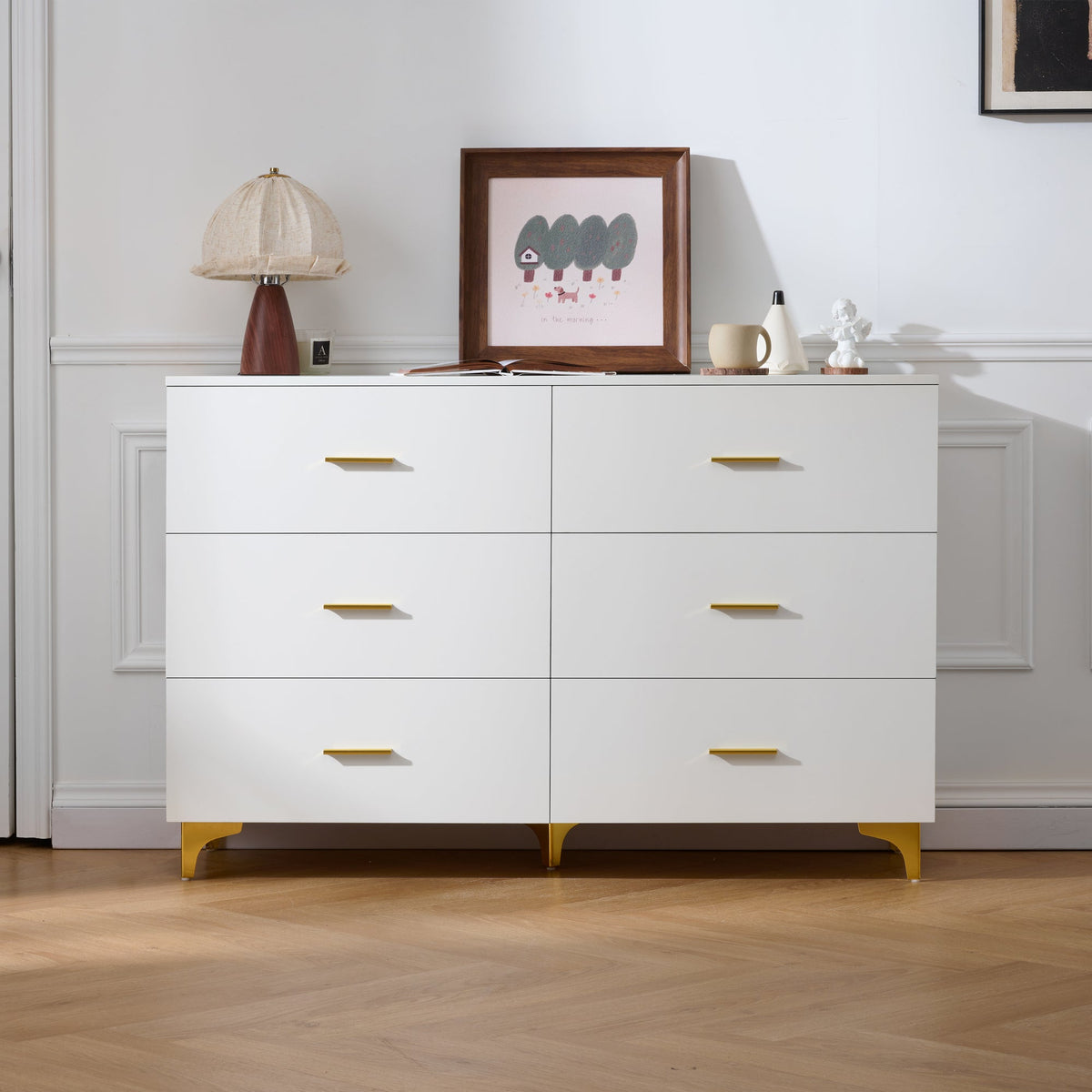 White 6 Drawer Dresser with Gold Handles & Metal Legs, Deep Storage Space, Modern Chest of Drawers, Wooden Dresser Tv Stand for TV Stand