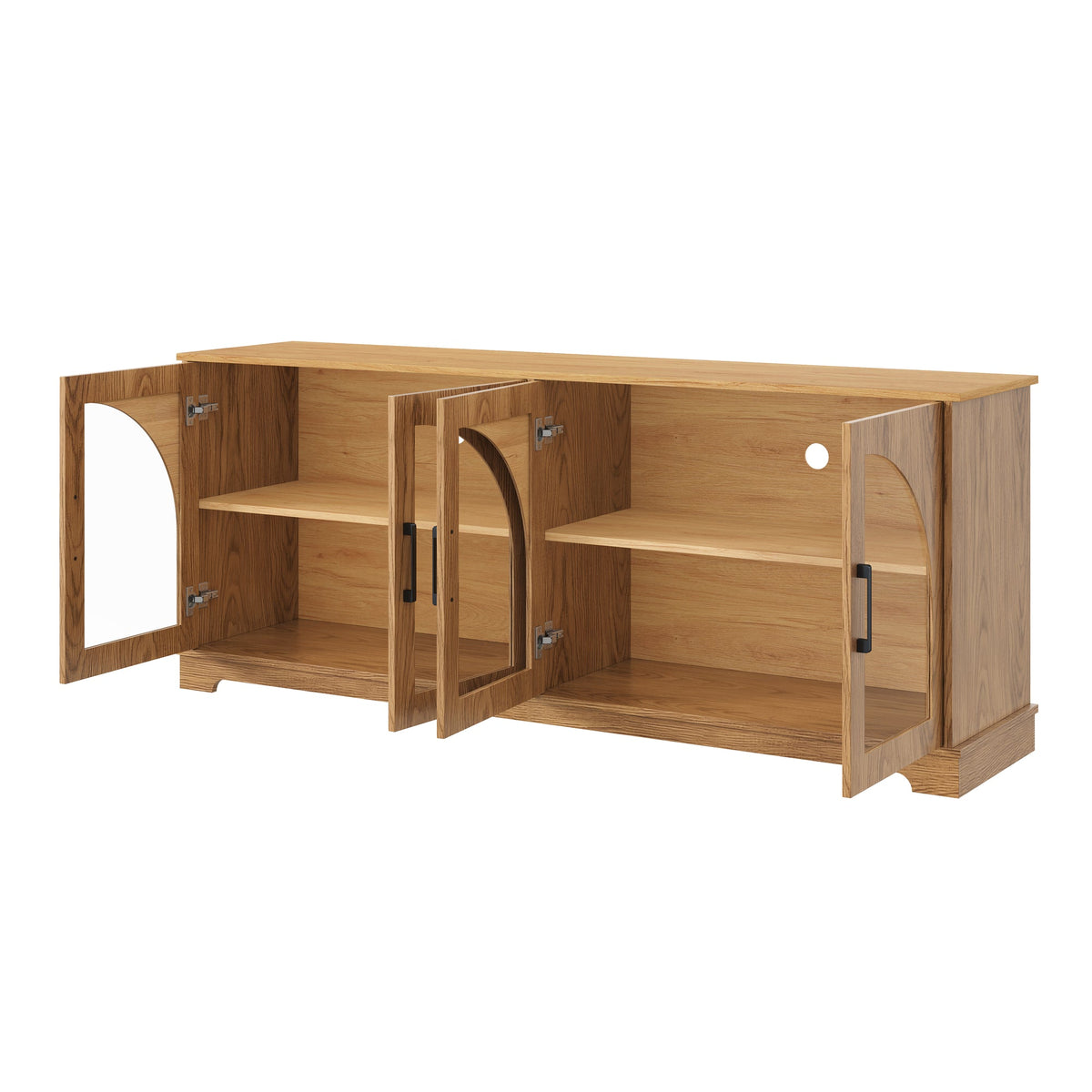 Farmhouse TV Stand with Semi-Arched Glass Doors for TVs Up to 70", Elegant Two-Tone Media Console with Adjustable Shelves, Wood Grain Sideboard with Cable Management for Living Room, Brown+Natural