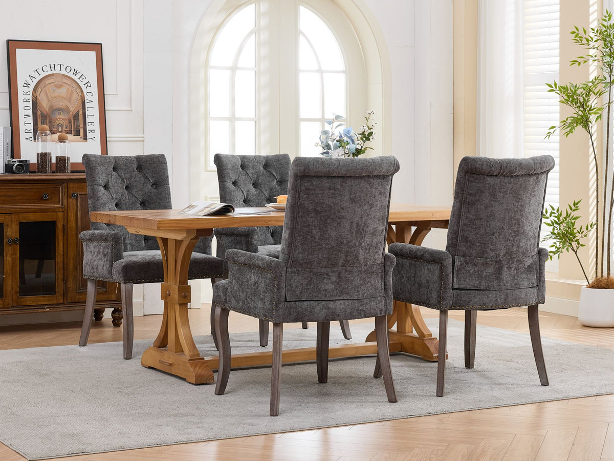 Upholstered Chenille Fabric Accent Dining Chair, Curved Solid Wood Legs, Elegant Tufted Club Dining Room Kitchen Room Arm Dining Chair – Gray