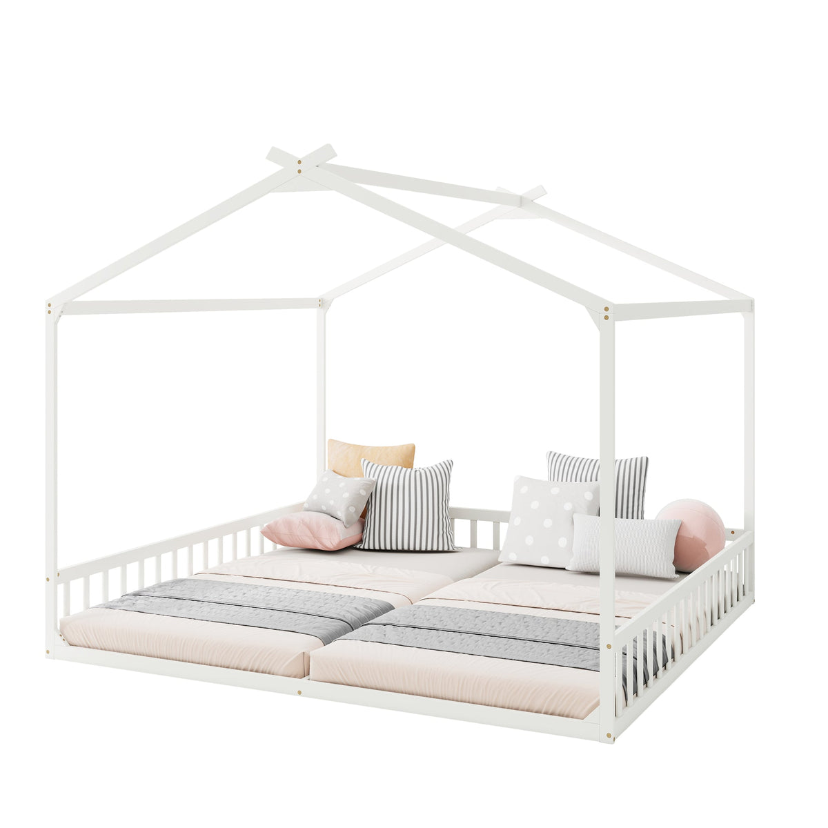 Double Twin House-Shaped Floor Bed with Safety Guardrails, without door, White