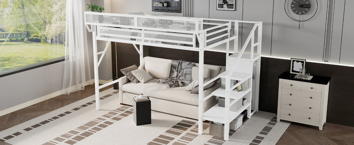 Twin XL Size Loft Bed with Stairs, Metal Full Loft Bed with Storage Shelves, High Loft Bed with Wardrobe for Kids Teens,White(Old Sku W2580S00050)