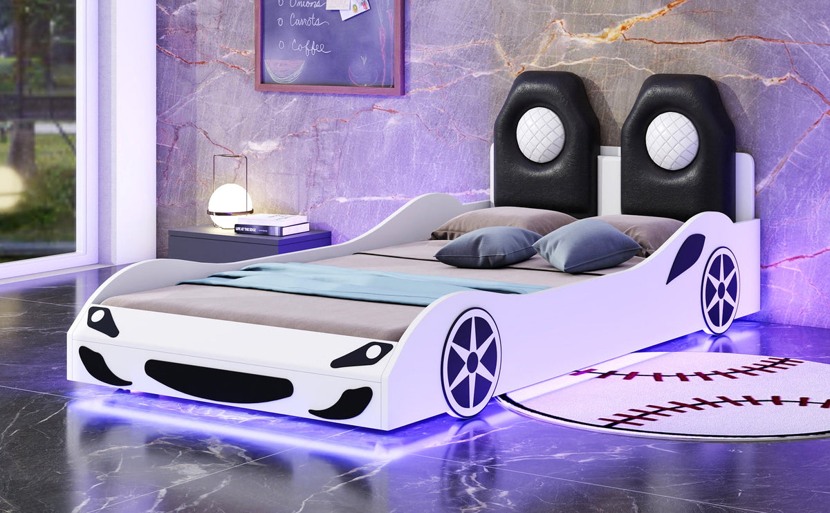Wood Twin Size Race Car-Shaped Platform Bed with LED and Upholstered Backrest, White