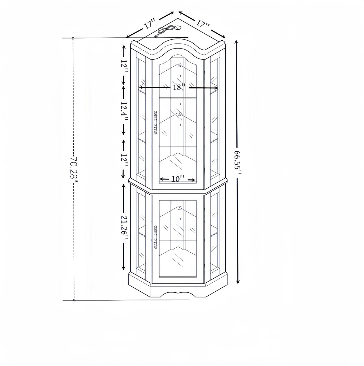 Curio Cabinet Lighted Glass Display Curio Cabinet w/Tempered Glass Doors and Shelves, Crown Corner Cabinet with Bulb, Corner Storage Decoration for Living room and Bedroom WHI