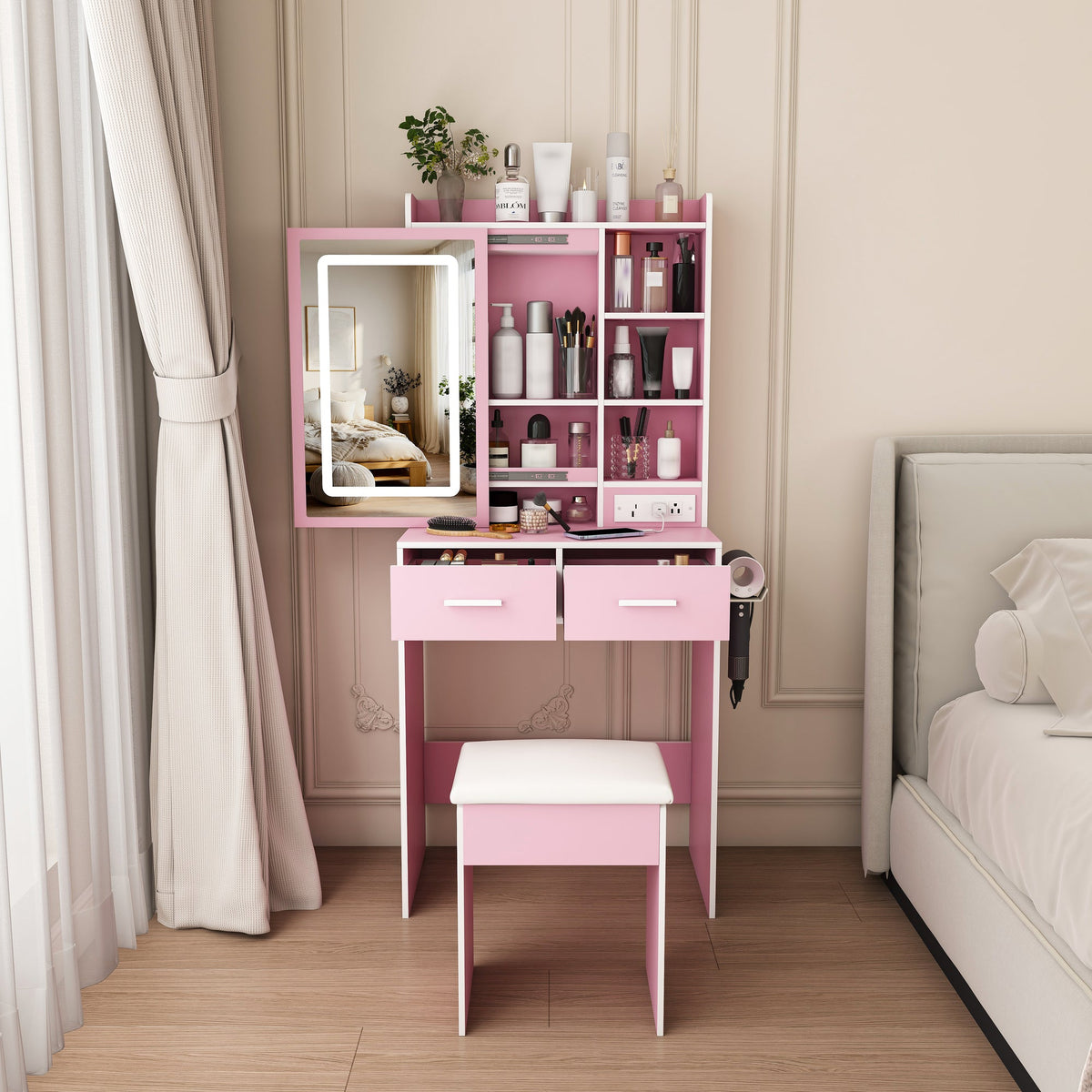 Small Makeup Vanity Desk with Mirror & Adjustable LED Lights, Built-in Power Outlet & Hidden Storage, Includes padded stool & Shelf