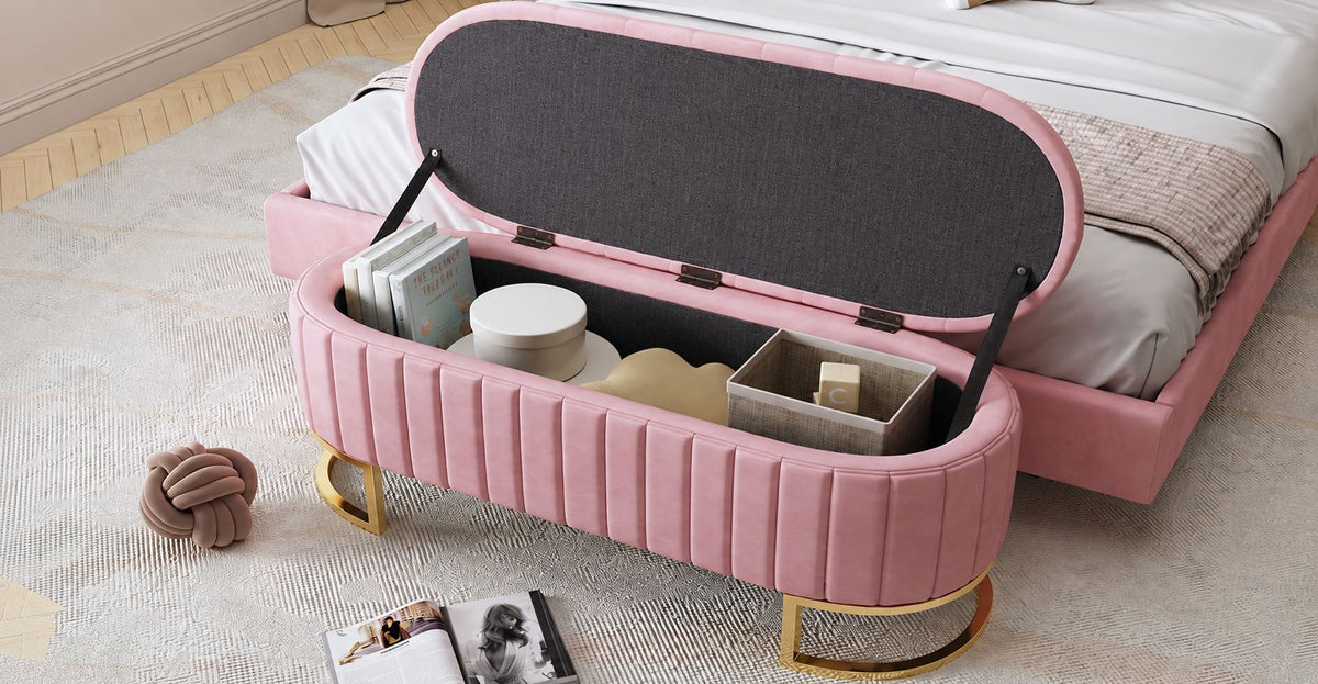 Elegant Upholstered Velvet Storage Ottoman with Button-Tufted, Storage Bench with Metal Legs, Fully Assembled Except Legs, Pink