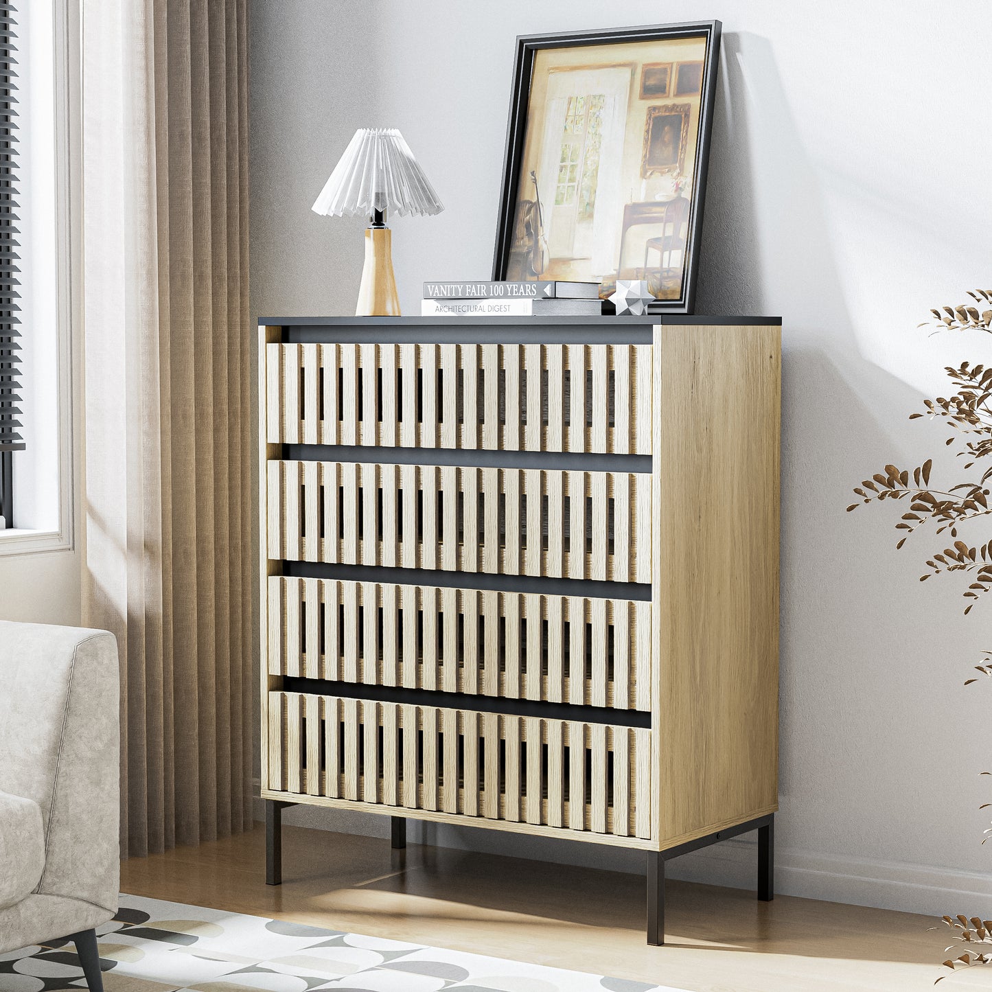 Fluted,4 Drawer Storage Cabinet,Freestanding Cabinet,Bedroom Clothing Storage,Large Capacity,Modern Minimalist