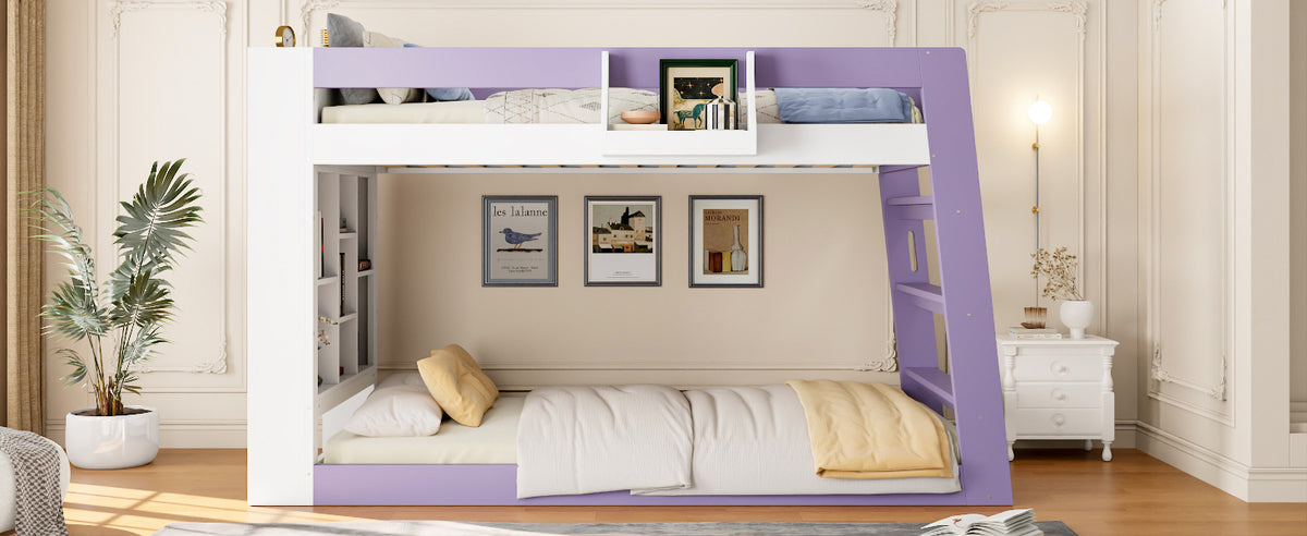 Twin Over Twin XL Bunk Bed with Storage Shelves & Guardrail Storage Basket, White+Light Purple