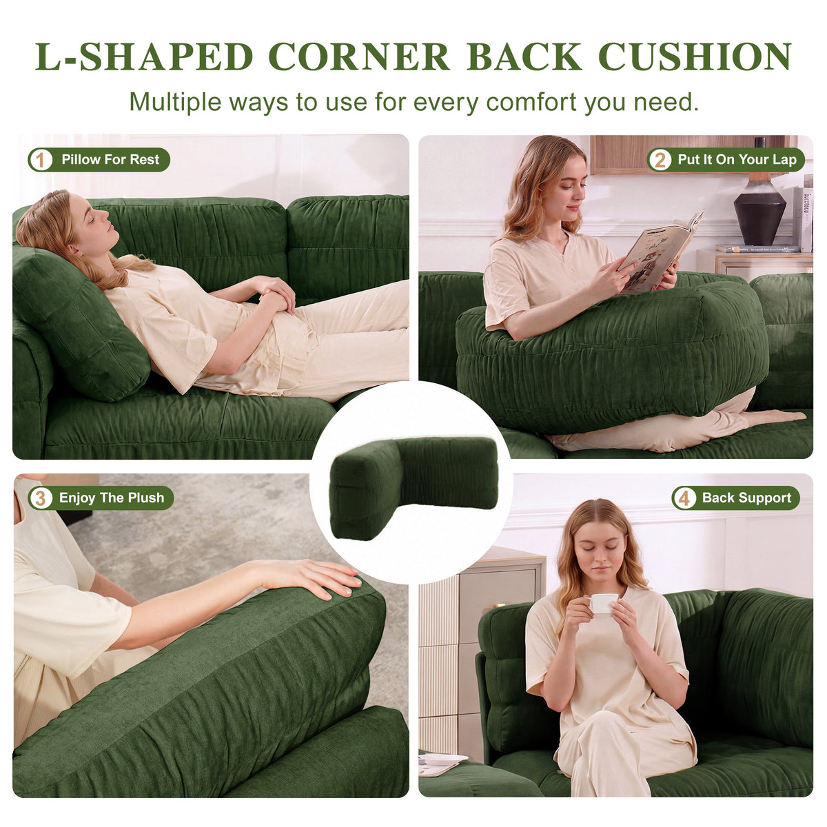 3 Seat Ruched Detailing Chenille Modular Sectional Sofa,High-Density Foam,L Shape Thickened Back Cushions,Easy Assembly,For Living Room,Bedroom,Green