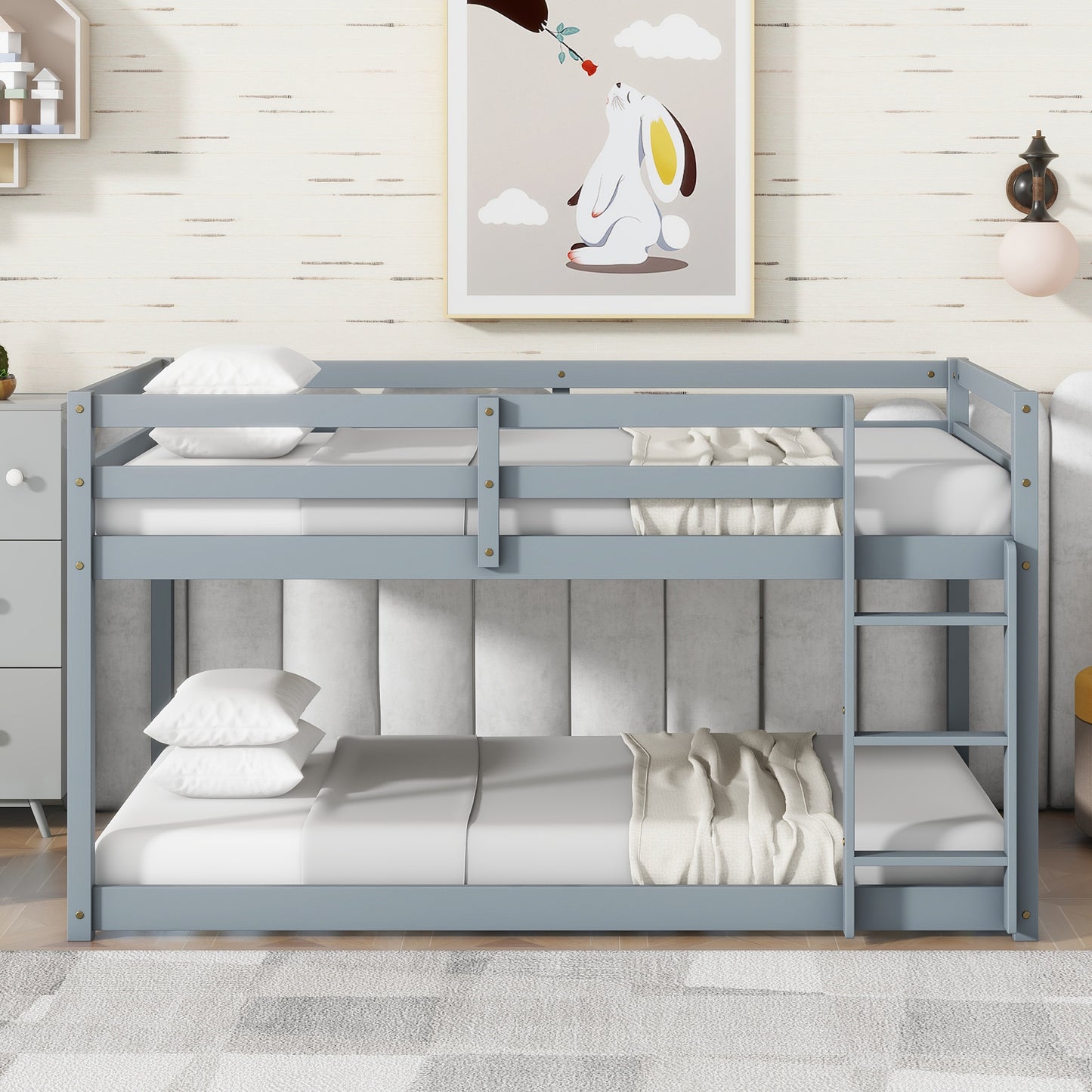 Solid Wooden , Solid Rubber Wooden Twin over Twin Loft Bed with Ladder ,Upper and Bottom Bed Platforms crafted with Strengthened Slats ,Grey