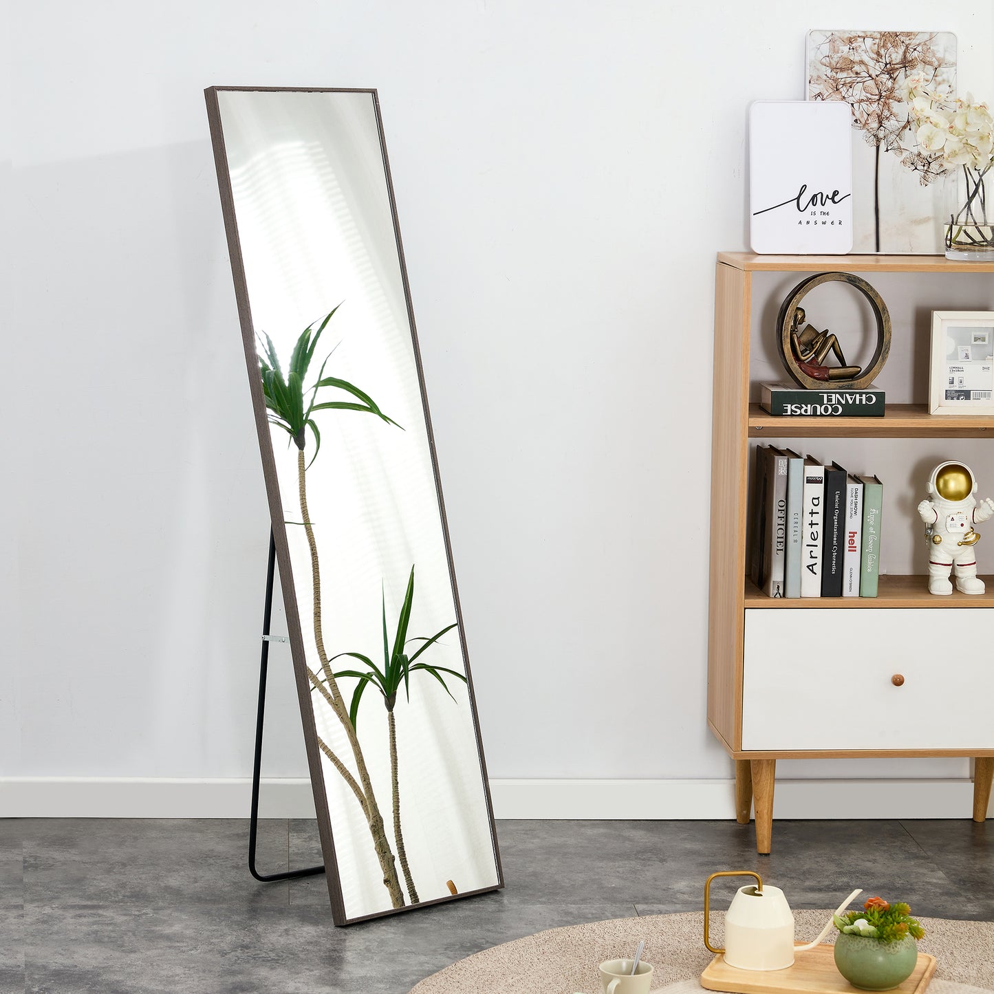 4th generation gray solid wood frame full length mirror, dressing mirror, bedroom porch, decorative mirror, clothing store, floor mounted large mirror, wall mounted,Stylish Home Essential. 58 '* 15'