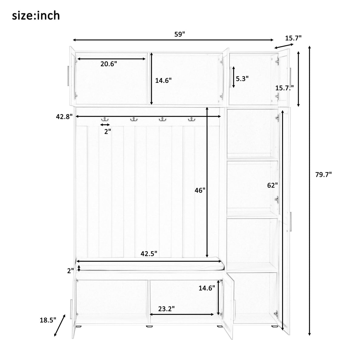 U-Can American Style 4-in-1 Hall Tree with Padded Bench, 4 Hooks, and Multi-Tier Storage Shelves – White