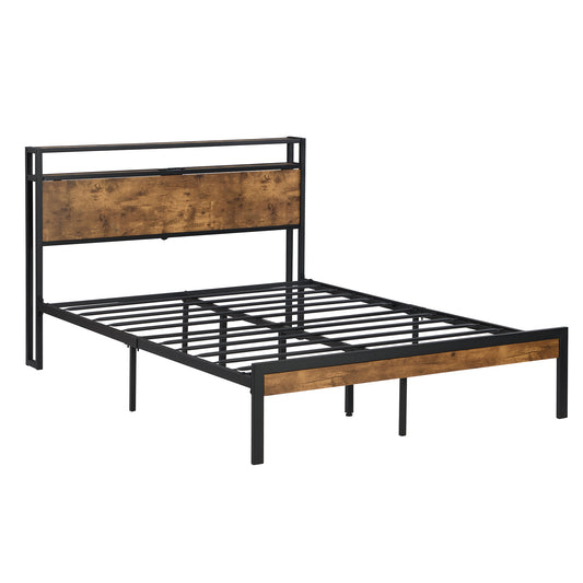 Modern Metal Platform Bed Frame with Wooden Headboard and Footboard, USB Liner, Queen Size, Black and Brown