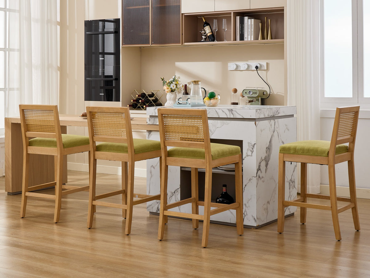 Full Solid Wood Rattan-Back Bar Stool, Matte Linen Cushion with High-Resilience Foam & S-Springs, Ideal for Rustic/Natural Style Kitchen Island, Low Bar in Dining Room & Café,Set of 2,Green,SW1872OL