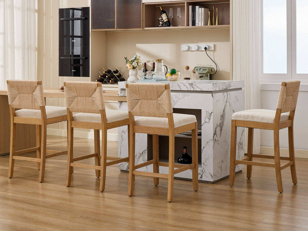 Hand‑Woven Rattan Counter Height Bar Stools Set of 2, 27 Inch Seat Height, Linen Upholstered Barstools with S‑Spring & High‑Density Sponge Cushion, Solid Wood Frame for Kitchen Island,SW1872MT